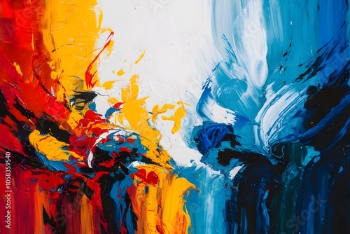 A dynamic and vibrant abstract painting featuring bold brushstrokes and intense, vibrant colors. The composition is full of energy, with colors like fiery reds, electric blues, and deep yellows blendi photo