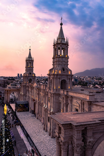 Arequipa cathedral illuminated at sunset