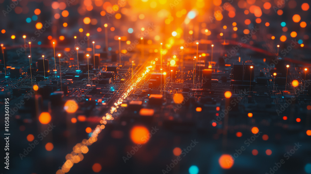 Obraz premium Smart digital Innovation city with connection network reciprocity over the cityscape. of future smart wireless digital city and social media networking systems that connects people with in city