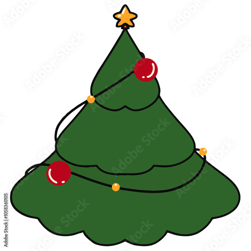 Hand drawn Christmas element Christmas tree with star and balls for decoration clipart sticker no background