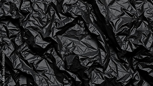 Crumpled black plastic texture background with wrinkles and creases, garbage, disposable, waste photo