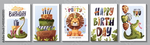 Set of Birthday greeting card with cute jungle animals and elements. Crocodile, lion, snake, cake, balloons. Vector illustration. photo