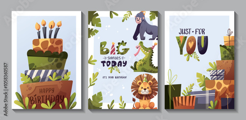 Set of Birthday greeting card with cute jungle animals and elements. Crocodile, lion, gorilla monkey, cake, gifts. Vector illustration.
