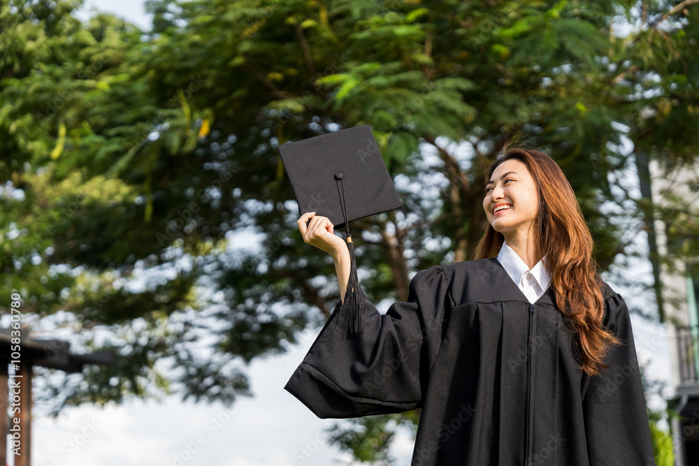 Happy asian woman in graduation costume with cap standing outdoor public park. College degree successful education graduation in university. Happy asian woman in graduation costume with cap standing outdoor public park. College degree successful education graduation in university.