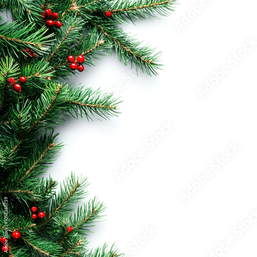 Christmas tree branches border with red fruit on white background. Christmas card greeting template backgrounds with fir leaves on the edge side. Copy space for your text design.