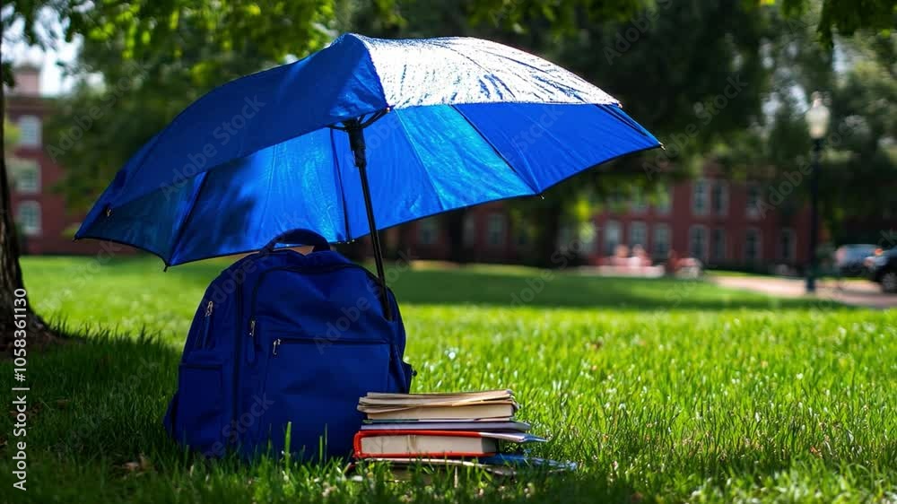 A blue umbrella rests beside a backpack and stacked books on a grassy field in a sunny park setting