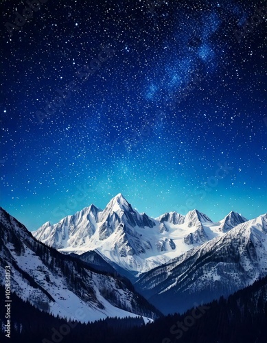 Majestic snow-covered mountains illuminated by a vast, clear starry sky, creating a serene and awe-inspiring night landscape.