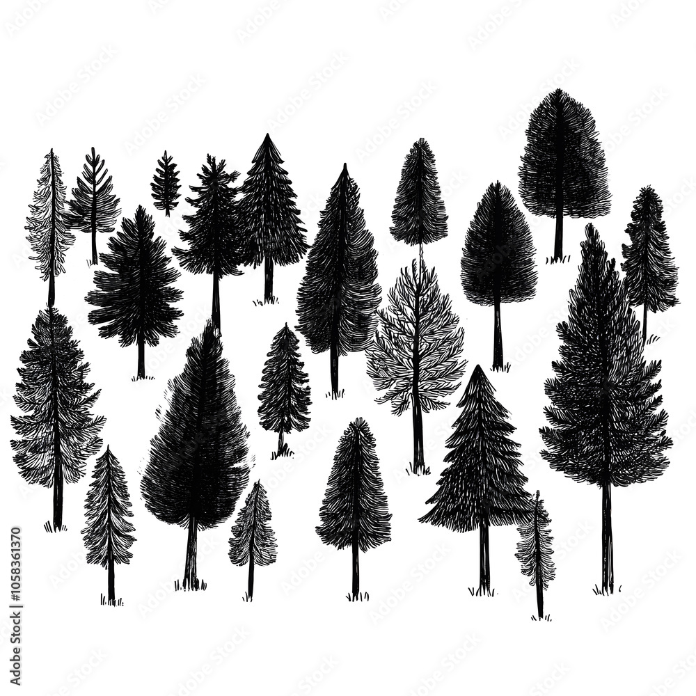 Obraz premium Collection of Trees in Black and White Line Art Illustration on white and transparent background.