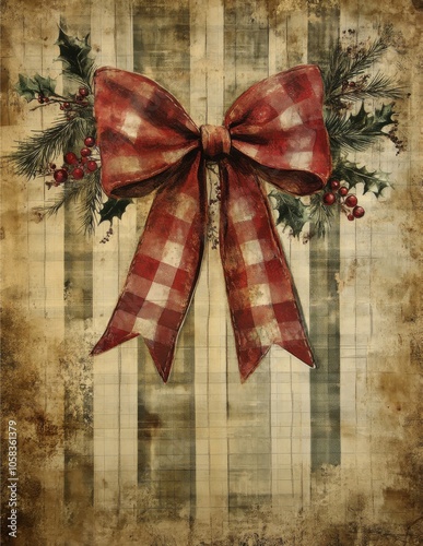 Plaid Bow with Holly on Striped Rustic Background
