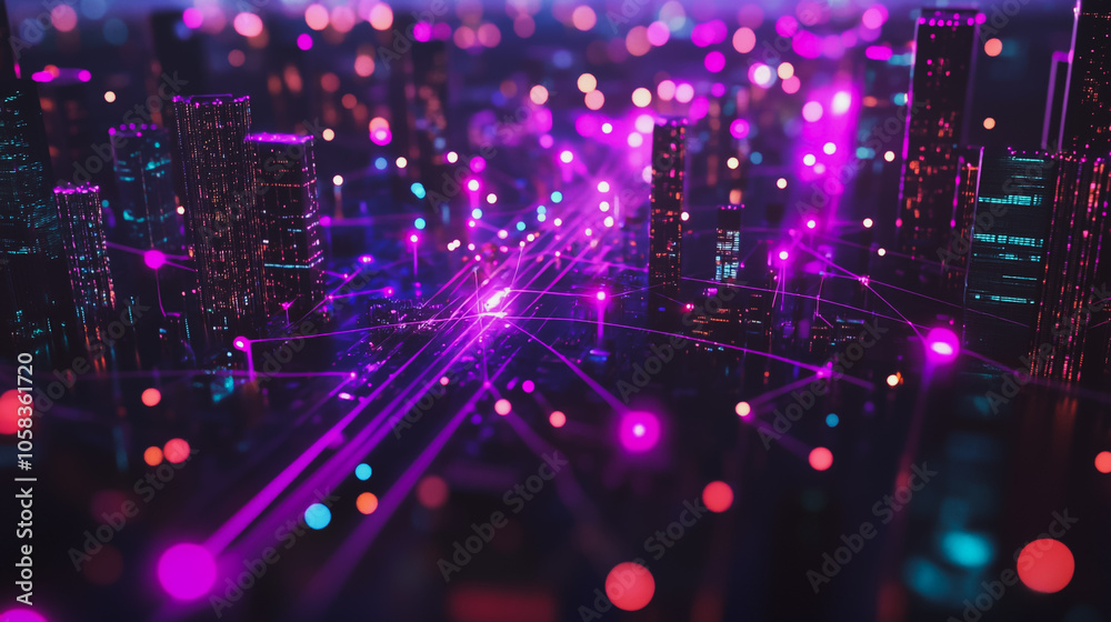 Obraz premium Smart digital Innovation city with connection network reciprocity over the cityscape. of future smart wireless digital city and social media networking systems that connects people with in city 