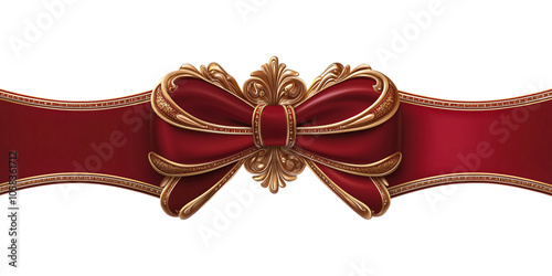 A luxurious red ribbon with an ornate golden bow, perfect for decoration and gift wrapping, isolated on a white background.