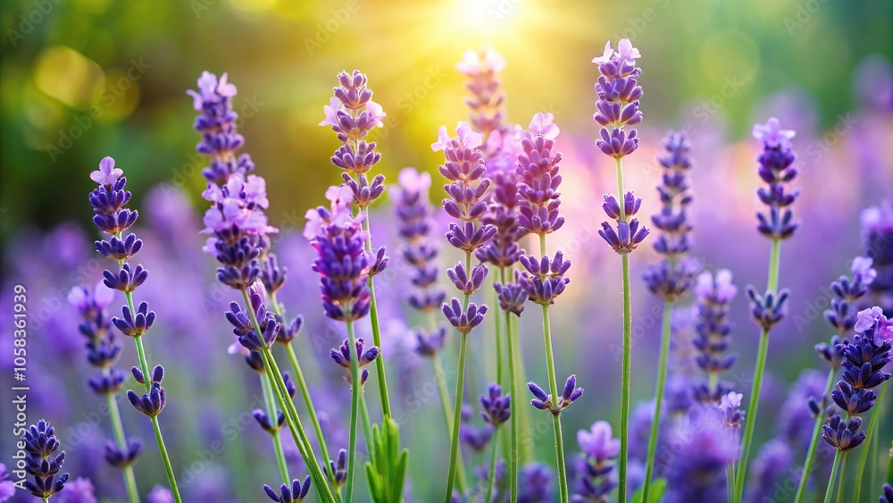 Naklejka premium Close-up of delicate lavender flowers in a lush garden setting, purple blooms, horticulture, garden bloom