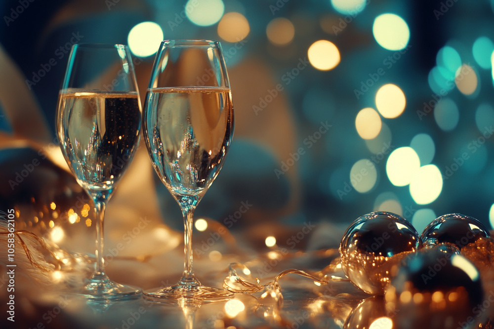 New celebration with two glasses of champagne on bokeh light golden blue pastel colors, vintage background. New celebration with two glasses of champagne on bokeh light golden blue pastel colors, vintage background.