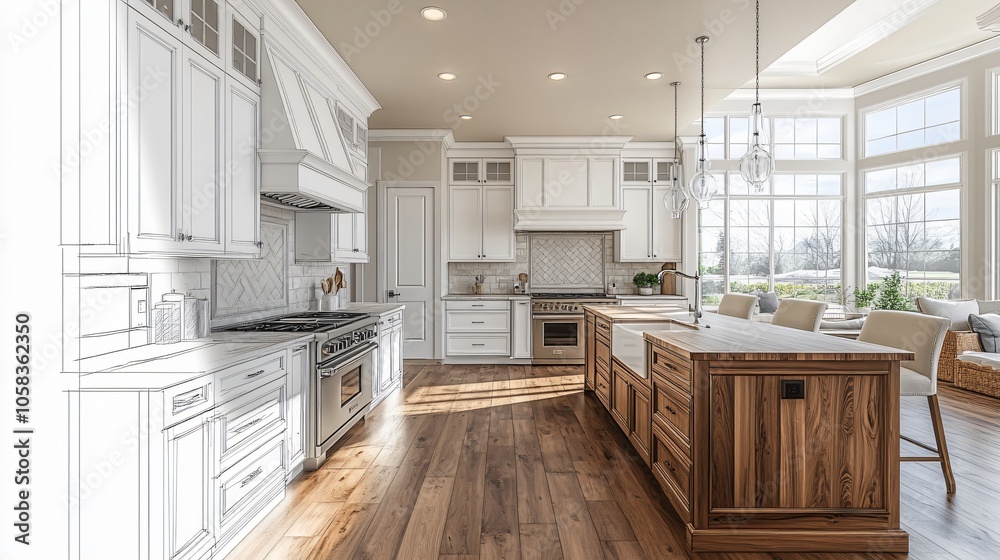 Interior Design Floor Plan with Open Kitchen and Detailed House Renovation Blueprint