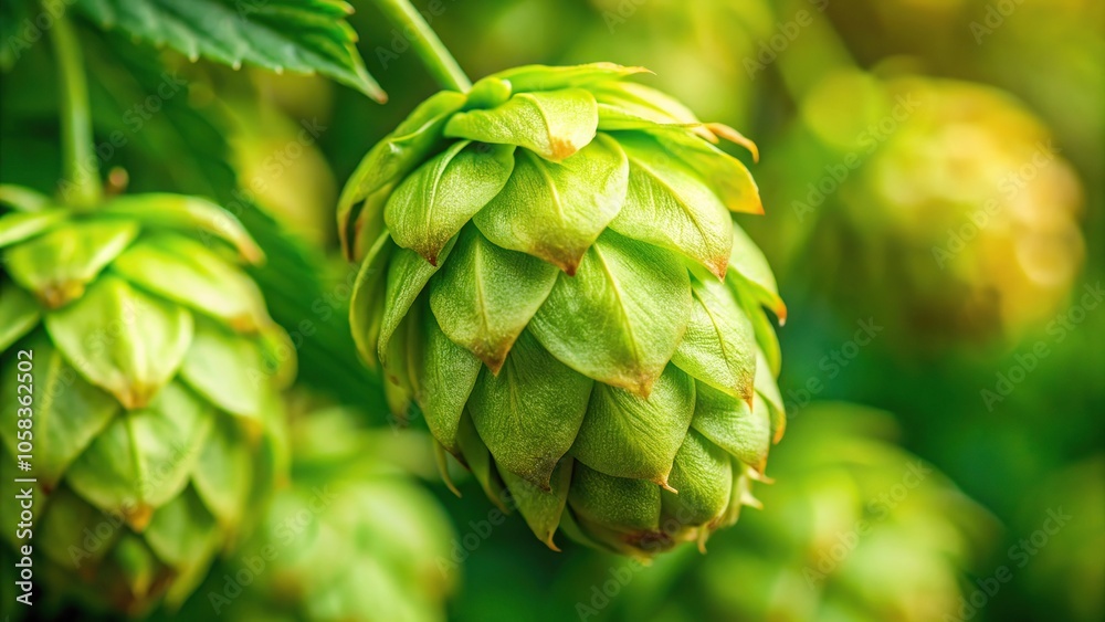 Close-up of a hop cone with bright green buds and delicate orange tips, flora, botanical illustration, botanicals, leafy greens Close-up of a hop cone with bright green buds and delicate orange tips, flora, botanical illustration, botanicals, leafy greens