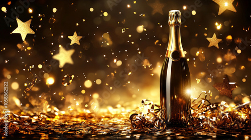 New celebration with champagne bottle on sparkling golden bokeh light and water splash background. Anniversary and celebrating life concept.