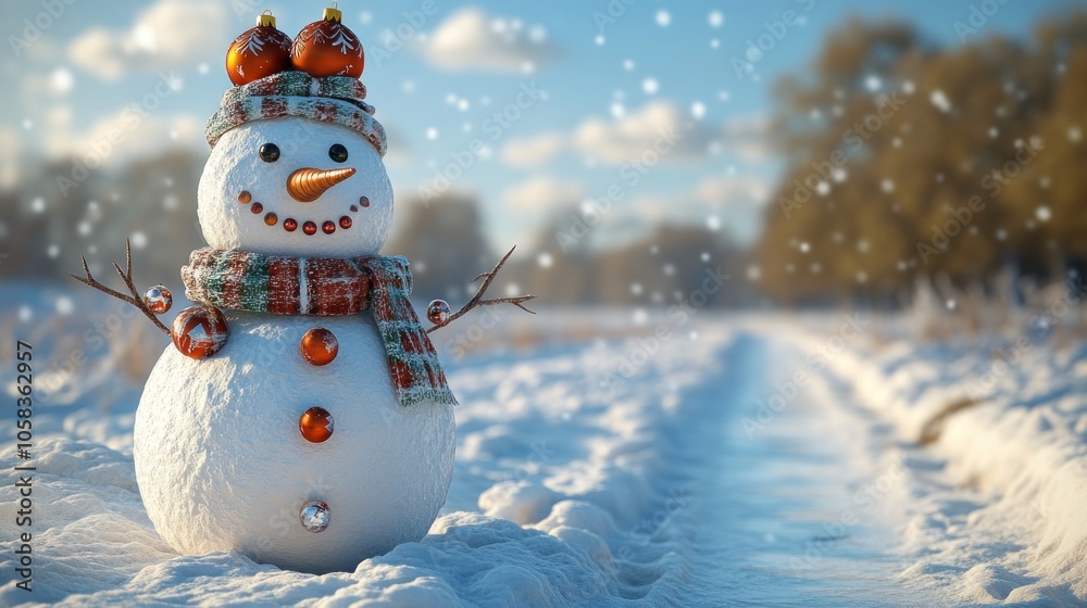 Obraz premium A cheerful snowman stands in a snowy landscape with falling snow.