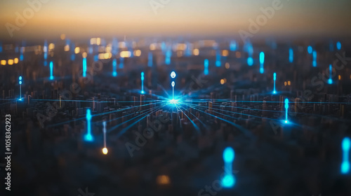 Smart digital Innovation city with connection network reciprocity over the cityscape. of future smart wireless digital city and social media networking systems that connects people with in city 