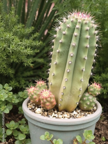 Bright and colorful potted Notocacteae Parodia cactus surrounded by greenery in a garden setting, plants, outdoor photo