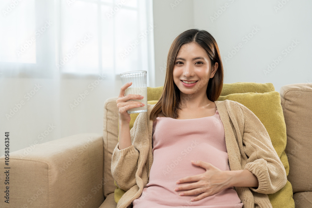 Happy pregnant woman drinking milk and caressing her belly while sitting on sofa at home, concept of healthy mother taking health care and nourish her fetal and waiting her childbirth. Happy pregnant woman drinking milk and caressing her belly while sitting on sofa at home, concept of healthy mother taking health care and nourish her fetal and waiting her childbirth.