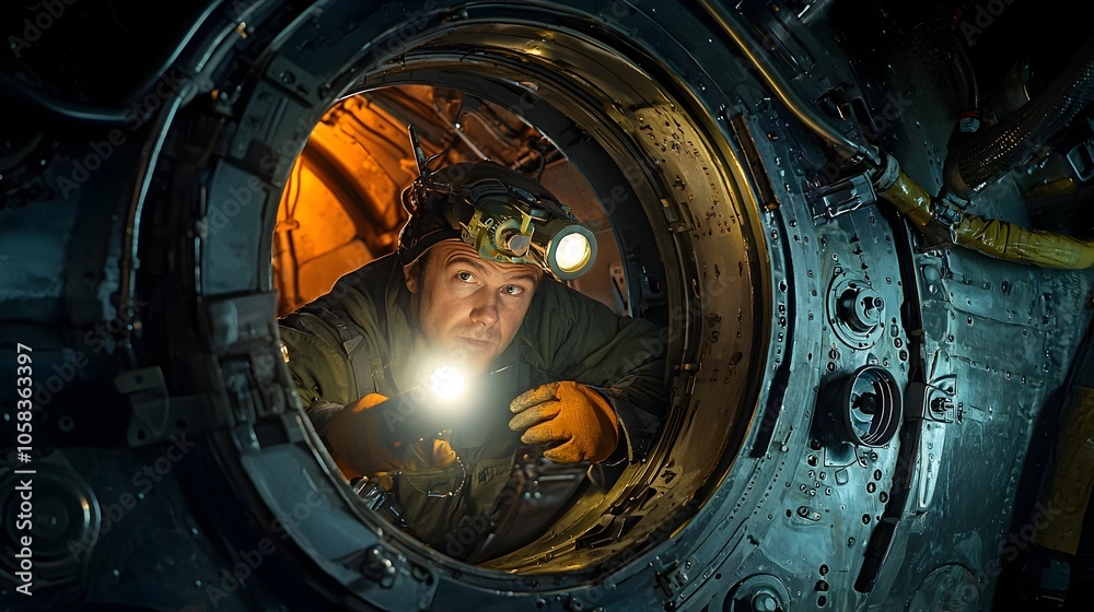 Obraz premium Close up view of an engineer or technician working on the internal components of a jet engine nacelle using a flashlight to illuminate the workspace and examine the machinery in detail