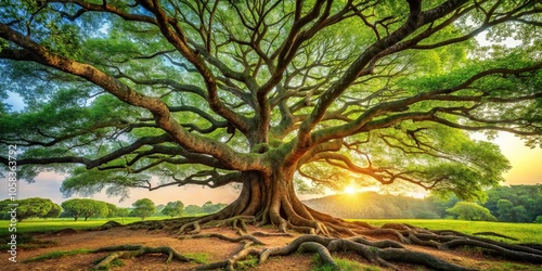 Ancient tree with gnarled branches and roots stretching into the air, tree of life, roots
