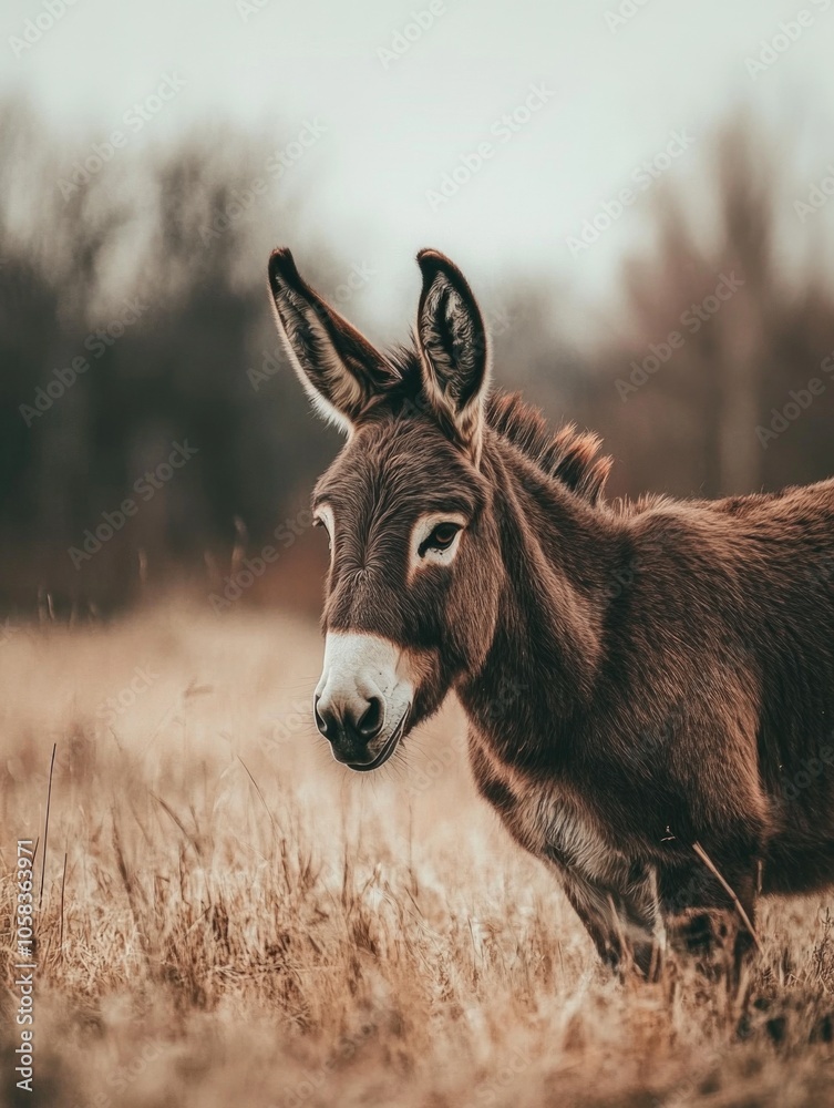 Fototapeta premium Donkey in Dry Grass Field