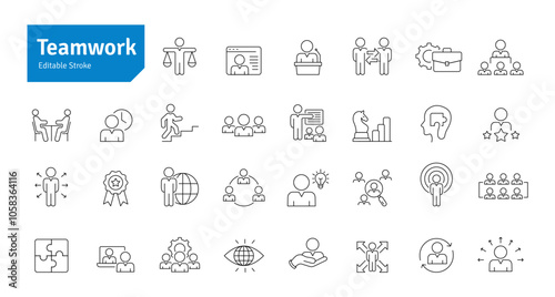 Teamwork Line Icons Set. Leadership, Manager, Business Strategy, Meeting, Analyzing, Workflow, Team Icons Editable Stroke Vector Illustration