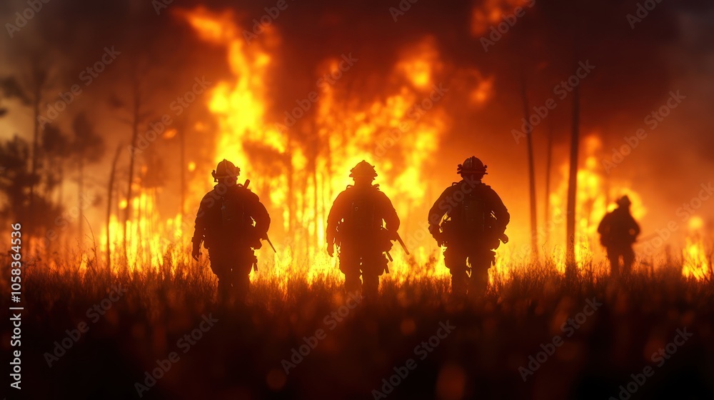 Fototapeta premium Burning Forest: Wildfire Disaster and Brave Firefighters in Action - Landscape Panorama with Flames, Smoke and Silhouette Trees