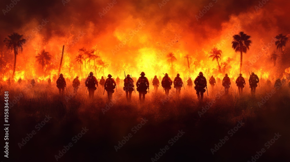 Burning Forest: Wildfire Disaster and Brave Firefighters in Action - Landscape Panorama with Flames, Smoke and Silhouette Trees Burning Forest: Wildfire Disaster and Brave Firefighters in Action - Landscape Panorama with Flames, Smoke and Silhouette Trees