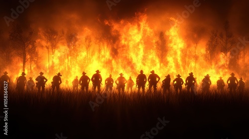 Burning Forest: Wildfire Disaster and Brave Firefighters in Action - Landscape Panorama with Flames, Smoke and Silhouette Trees