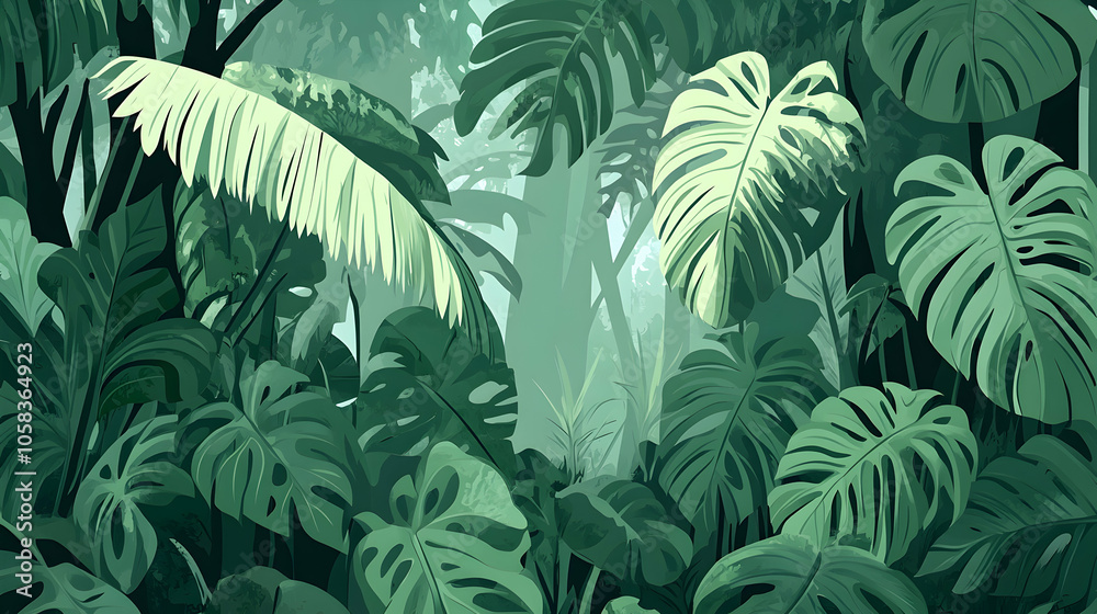 Lush green tropical jungle with large leaves and sunlight streaming through the foliage. Lush green tropical jungle with large leaves and sunlight streaming through the foliage.
