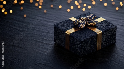 Frohe Weihnachten German Greeting Card Illustration with Golden Gift Ribbon on Dark Table and Glowing Bokeh Lights in Background. photo