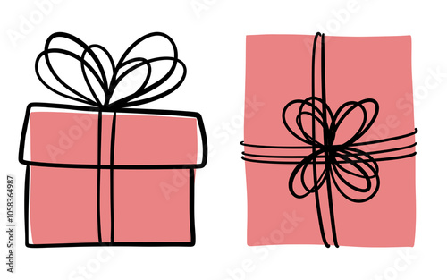 Two pink gift boxes from above and from the front. Simple minimalistic sketch, doodle for Valentine’s day photo