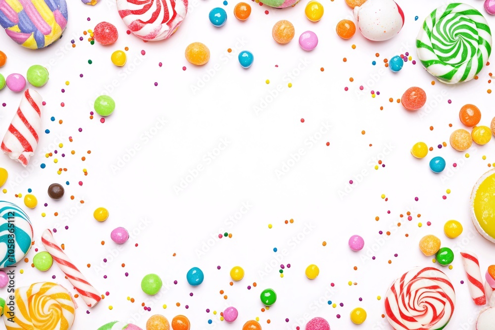 A vibrant poster design showcasing an array of artistic candy delights, ideal for celebrations and children's gatherings. A vibrant poster design showcasing an array of artistic candy delights, ideal for celebrations and children's gatherings.