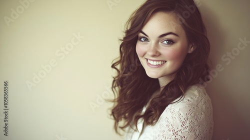 A smiling young woman with curly hair against a neutral background.