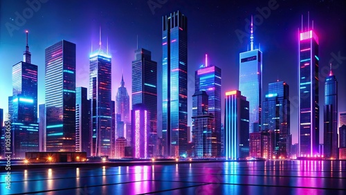 Abstract cityscape at night with neon lights and towering skyscrapers, neon, nighttime