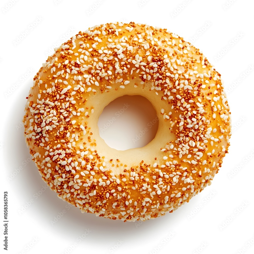 Close up of a Perfectly Baked Sesame Bagel on White Background Close up of a Perfectly Baked Sesame Bagel on White Background