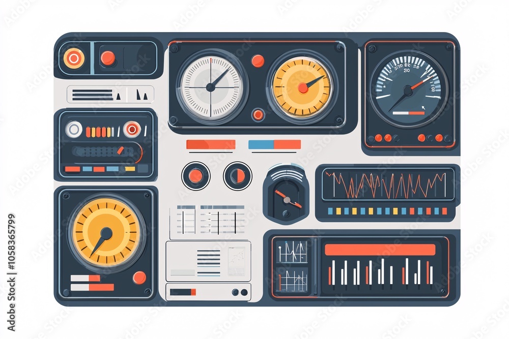 illustration of a dashboard featuring UI elements such as gauges, charts, and control panels, set against a white background for clarity. illustration of a dashboard featuring UI elements such as gauges, charts, and control panels, set against a white background for clarity.