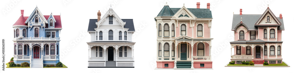 Ornate Victorian style houses with intricate architectural features including gabled facades turrets decorative porches and historical design elements Ornate Victorian style houses with intricate architectural features including gabled facades turrets decorative porches and historical design elements