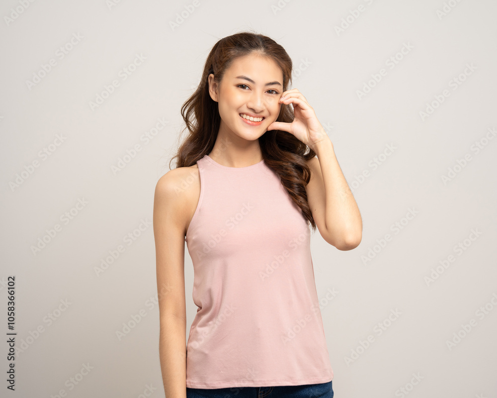 Pretty Young beautiful Asian woman standing and smiling showing mini heart sign on isolated white background. Lovely Latin female wearing pink shirt feeling surprised and happy. Pretty Young beautiful Asian woman standing and smiling showing mini heart sign on isolated white background. Lovely Latin female wearing pink shirt feeling surprised and happy.