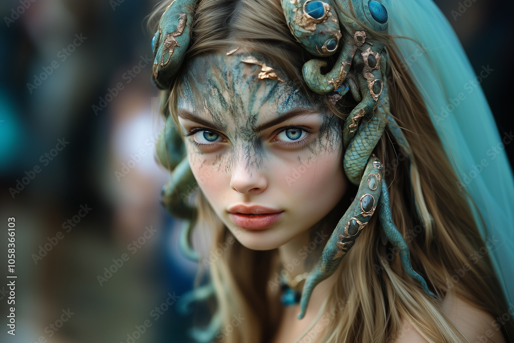 Beautiful dryad girl with tree roots on her head portrait. Beautiful dryad girl with tree roots on her head portrait.