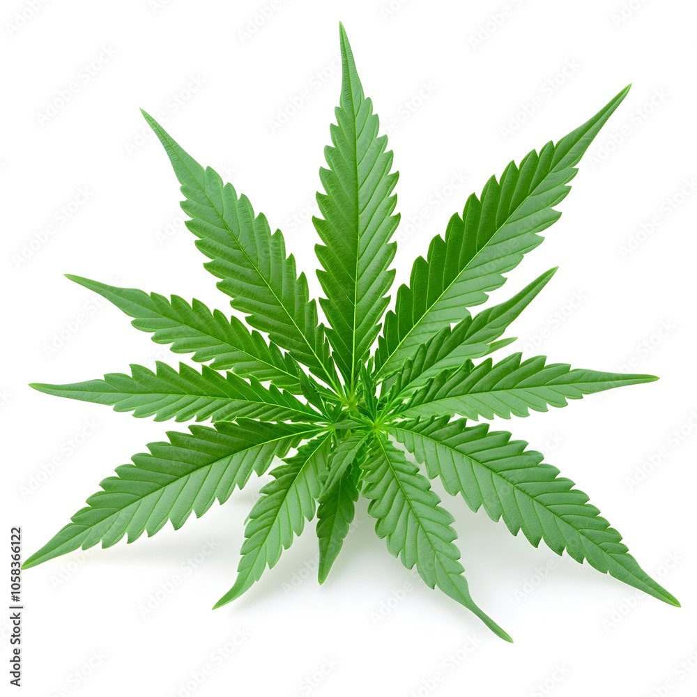 Macro Green Cannabis Leaves on White Background Macro Green Cannabis Leaves on White Background