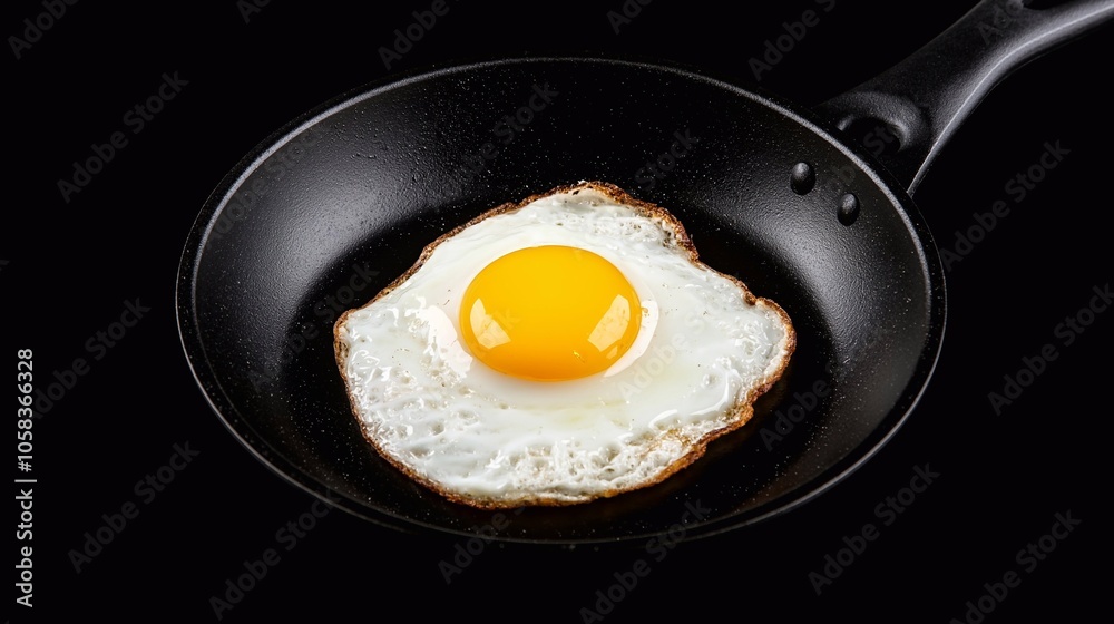 A perfectly cooked fried egg in a black skillet, with a golden yolk and crispy edges isolated on a simple black background. A perfectly cooked fried egg in a black skillet, with a golden yolk and crispy edges isolated on a simple black background.