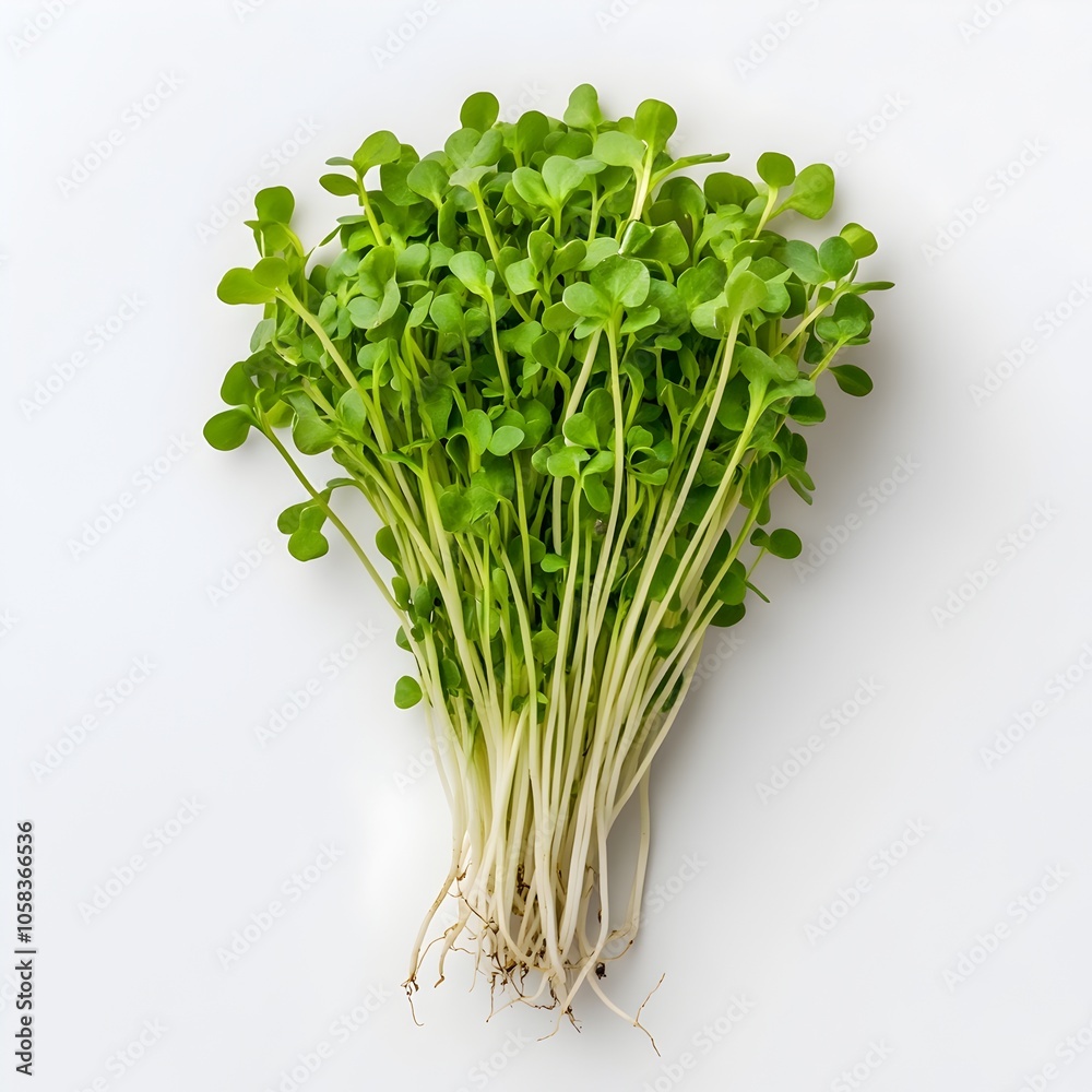 Macro Shot of Fresh Microgreens with Long Stems and Roots on White Background Macro Shot of Fresh Microgreens with Long Stems and Roots on White Background