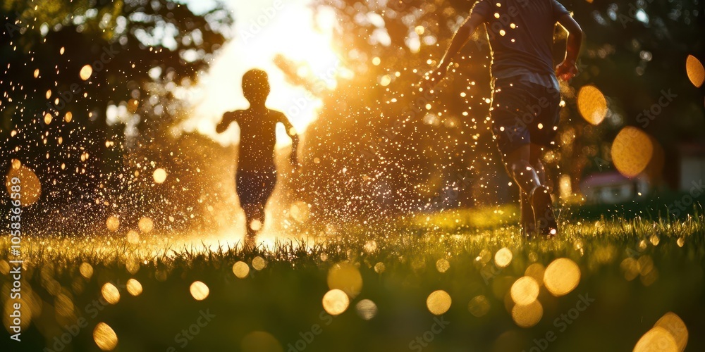 A beautiful image of two children running through a meadow with golden bokeh