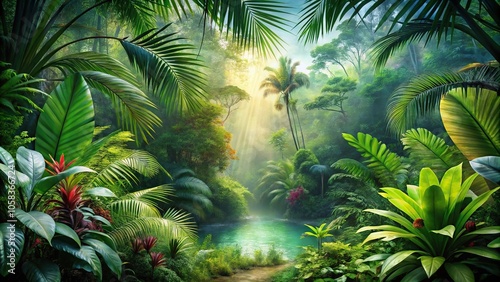 A vibrant tropical rainforest with exotic plants and animals, exotic flowers, outdoor scenery