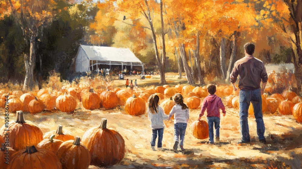 Family Picking Pumpkins In Autumn Field Family Picking Pumpkins In Autumn Field