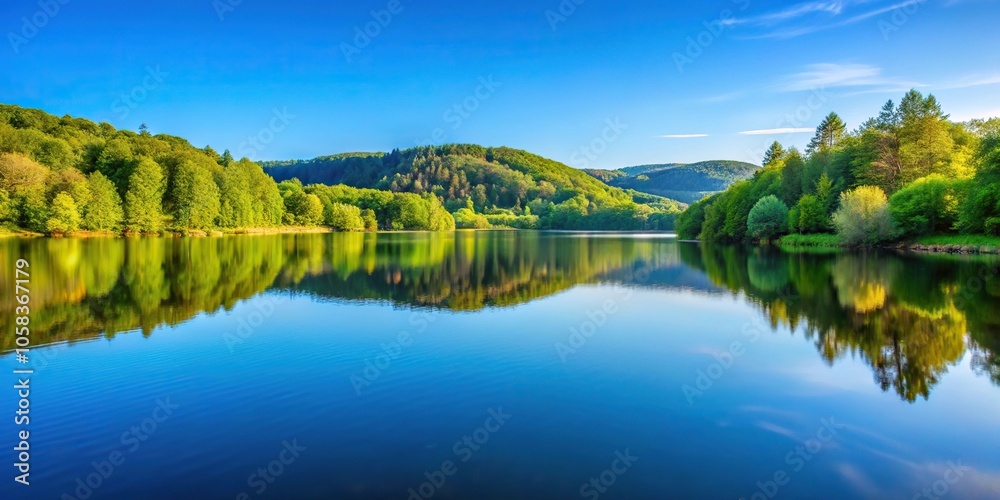 A tranquil lake scene with a light blue sky reflecting the surrounding trees and hills, tree reflections, peaceful atmosphere A tranquil lake scene with a light blue sky reflecting the surrounding trees and hills, tree reflections, peaceful atmosphere