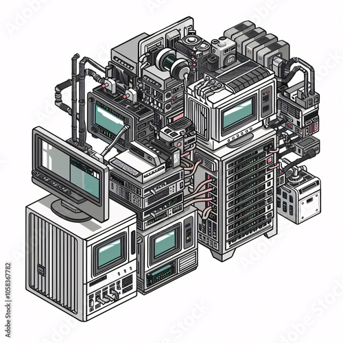 Highly detailed isometric illustration of interconnected data servers and electronics, showcasing complex technological components and wiring in a compact structure